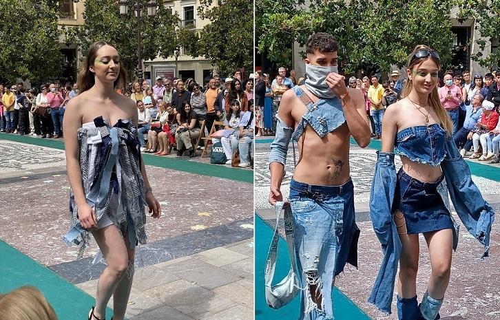 Modelos con ropa y material reutilizado, durante el desfile. 