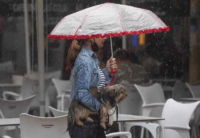 Una mujer lleva a su perro en brazos bajo una tormenta, en una imagen de archivo.