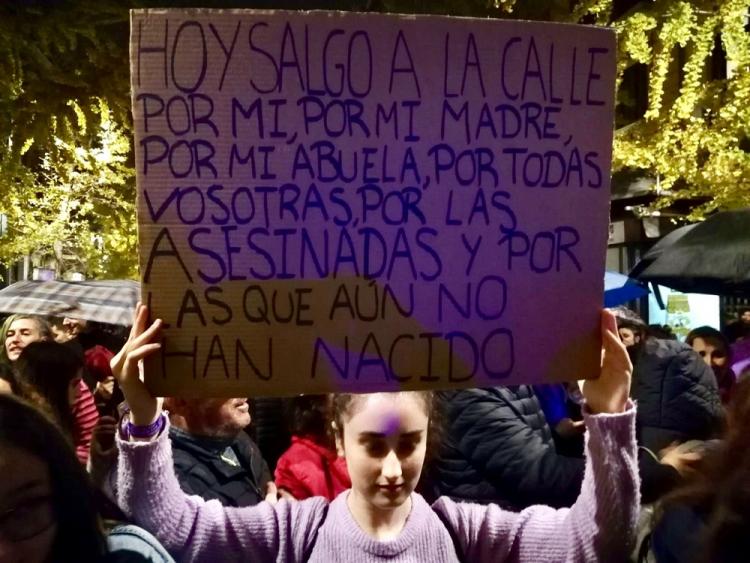 Una manifestante con una pancarta que resume la manifestación.