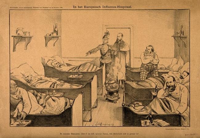 Litografía de J. Braakensiek de 1889 sobre la denominada gripe rusa.