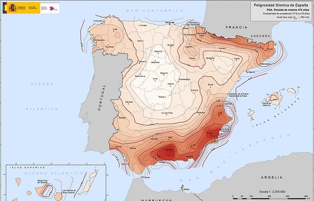 Mapa de riesgo sísmico, donde destacan Granada y Murcia. 