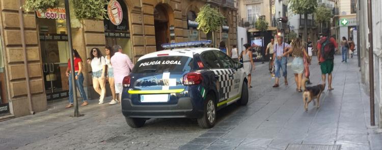 Un vehículo de la Policía Local, a la entrada de la calle Mesones. Un vehículo de la Policía Local, a la entrada de la calle Mesones.