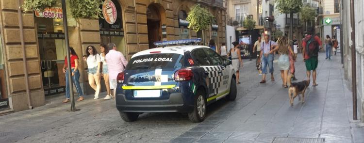 Un vehículo de la Policía Local, a la entrada de la calle Mesones.