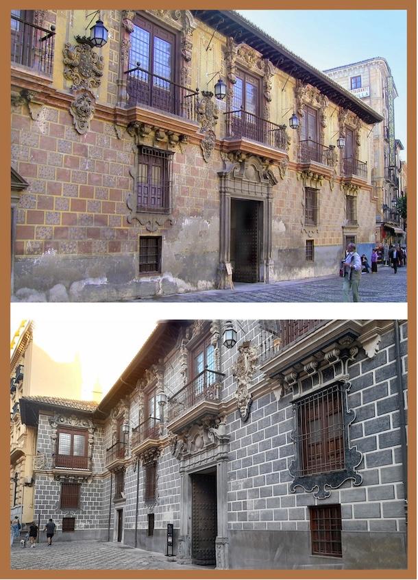 La Madraza pintada en colorines en 1862; debajo, recuperados los tonos grises originales de 1722. A algunos les gustaba más antes, simulando la casita de Hansel y Gretel.