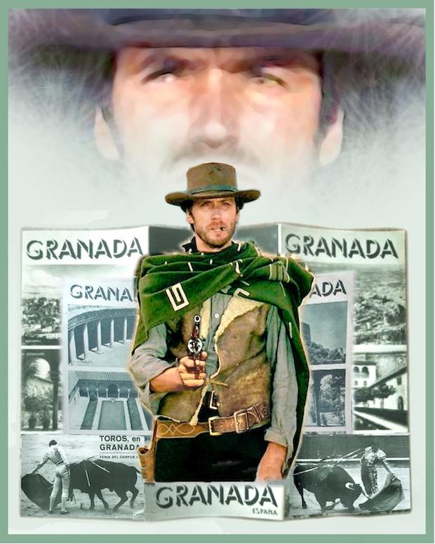 Imagen de Clint Eastwood en su primera película, superpuesta sobre fotografías de lo que vio en su visita a Granada.