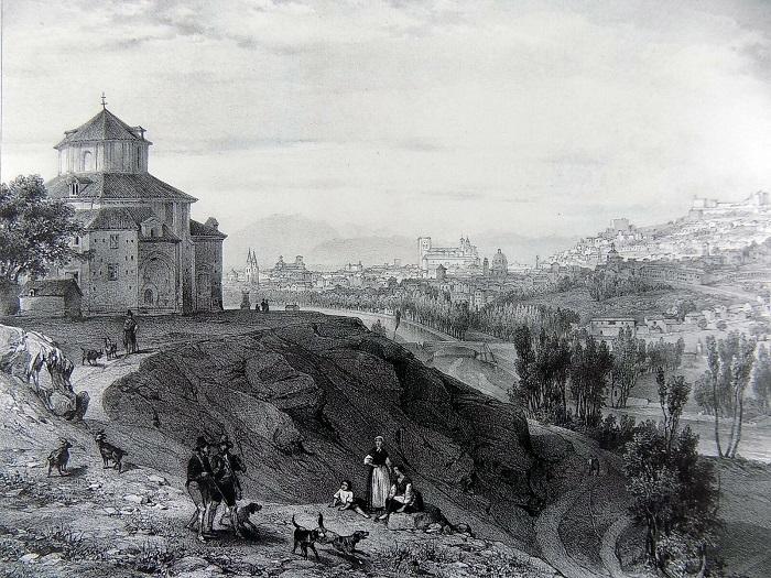 Ermita del Santo Sepulcro, en los Rebites. San Antón el Viejo estaba un poco por debajo. En el centro se ve el Puente Verde y las alamedas del Genil. Grabado de Chapuy, 1843.