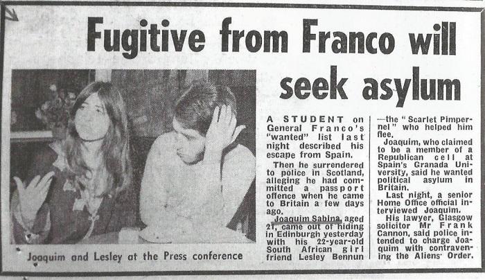 Recorte de The Sun (16 enero 1971) donde Joaquín, con su amante Lesley Bennun (la Pimpinela Escarlata), se presentó en Edimburgo como un desertor perseguido por Franco y solicitaba asilo político.