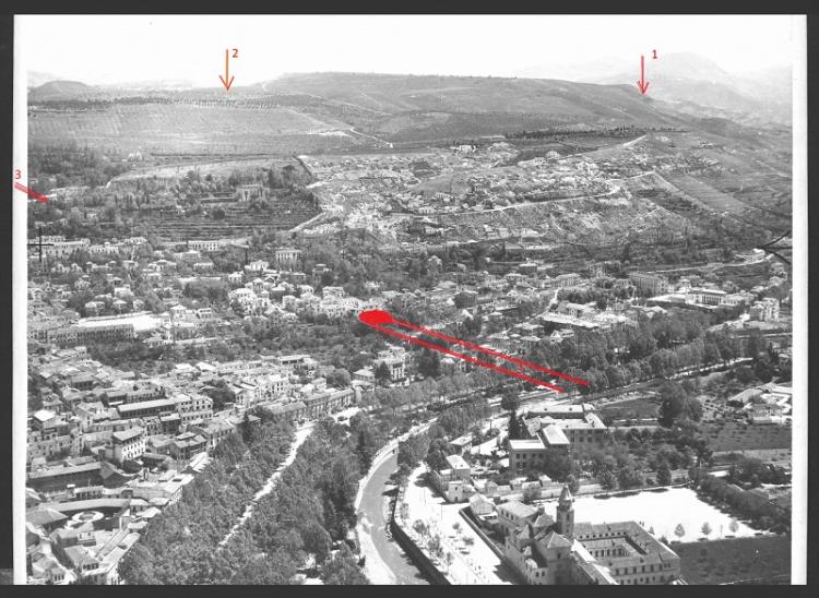 Las tres opciones para desviar el Darro al Genil bajo el Cerro del Sol y la Alhambra: 1, túnel desde Jesús del Valle a Cenes, por los Arquillos; 2, túnel desde Puente Mariano a Barranco Bermejo (frente a los túneles actuales del Serrallo); y 3, desde el Chapiz, bajo la Alhambra, los Mártires y Presidio de Belén para desembocar después del Puente Verde.