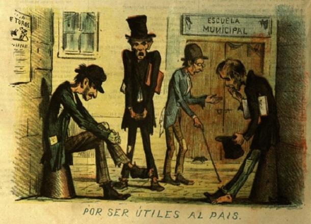 Caricatura de maestros en El Loro. Barcelona, septiembre de 1880.