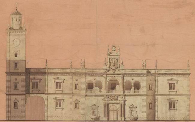 Proyecto de Ayuntamiento de 1943, que recuperaba la torre derribada del Convento del Carmen y abría una vistosa logia y portada en la fachada.