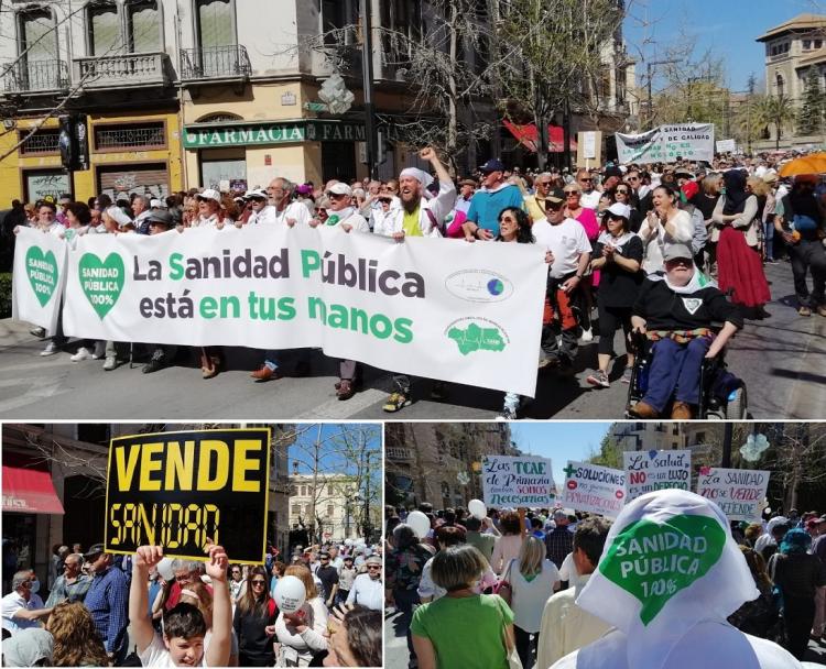 Tres imágenes que resumen la manifestación, a su paso por Gran Vía, con la cabecera del interminable desfile ciudadano y dos consignas muy repetidas: la sanidad, en venta, y la petición de un servicio 100% público.