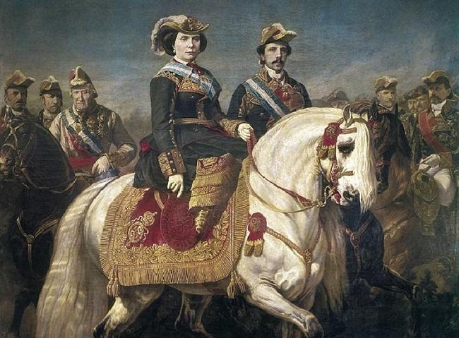 Isabel II y su marido en un desfile, en 1848. La rodean sus generales enfrentados durante décadas: a la izquierda, Espartero y sus progresistas; a la derecha, Narváez y sus liberales moderados. El cuadro es fiel reflejo de las guerras entre políticos y militares que se repartieron el poder  a mediados del XIX. 