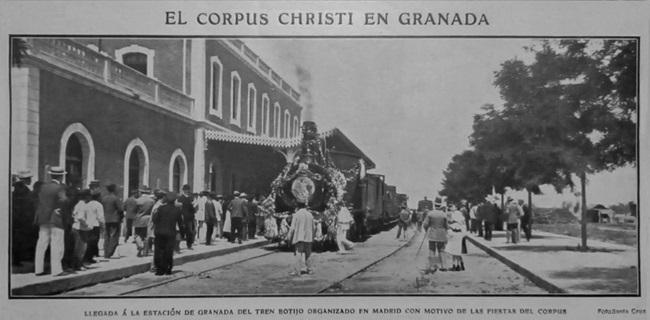 Tren botijo de Madrid, adornado de flores, entrando a la Estación del Sur, en 1908.