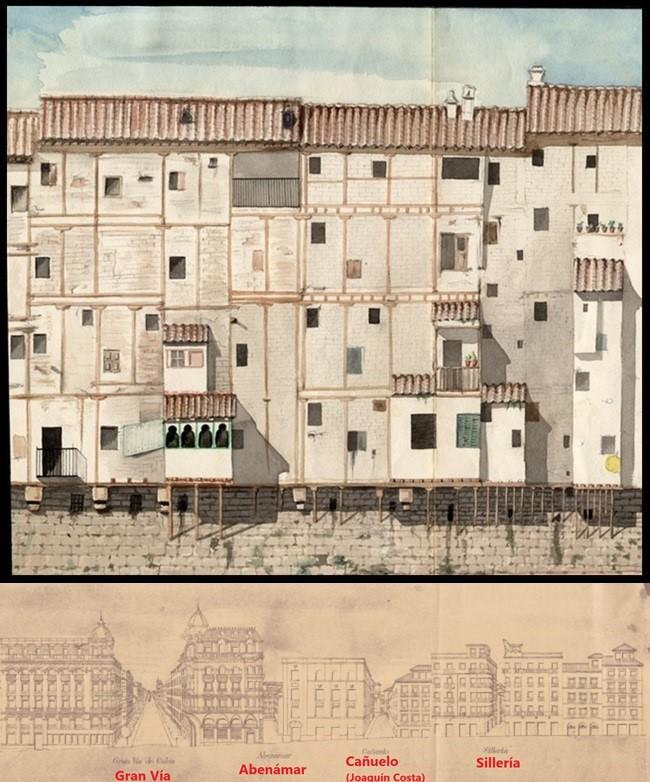 Arriba, dibujo que levantaron los cuatro arquitectos (en 1842) para dejar constancia de la pobre estructura y endeblez de los edificios colgados sobre el río. Debajo, alzado de las casas construidas en el siglo XX en lo que fue el Revés del Zacatín y hoy es final de Reyes Católicos.
