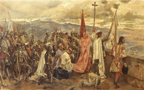 El Conde de Tendilla (con el pendón rojo de los Reyes), Fray Hernando de Talavera (con la cruz) y Gutierre de Cárdenas (con la bandera de Santiago) se asoman a la torre de la Vela para anunciar que son dueños de la ciudad. Tres de la tarde del 2 de enero de 1492. Óleo de Isidoro Marín Gares. 