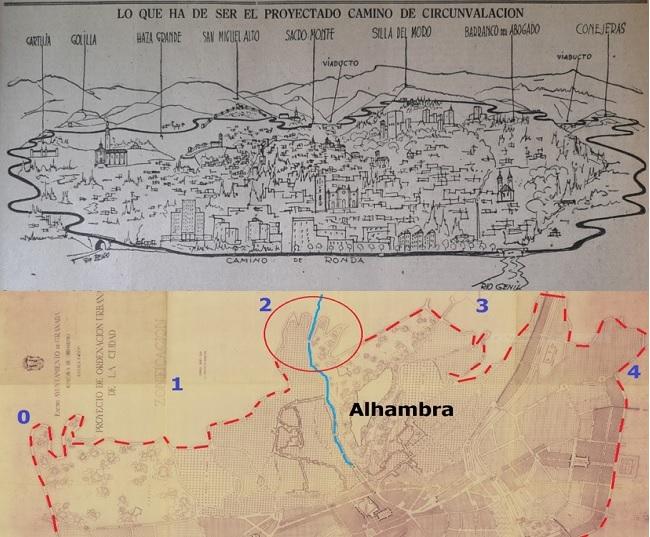 Arriba, dibujo alzado de todo el anillo de circunvalación de la ciudad de Miguel Olmedo, presentado al ministro el 4 de enero de 1956 (publicado en Ideal). Debajo, plano por donde discurría la ronda entre la carretera de Alfacar y la calle Circunvalación del Zaidín: 0, Golilla; 1, Ermita de San Miguel; 2, Sacromonte; 3, Cementerio; 4, Conejeras.