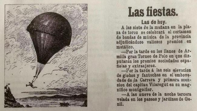 Publicidad que anunció en 1899 los vuelos de Vilaregut colgado de un globo sobre los cielos de Granada.