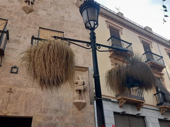 Macetas colgantes muertas, frente a la Casa de los Tiros.