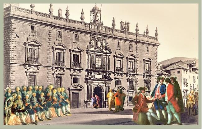 Recreación de una escena dieciochesca sobre una foto de la Real Chancillería de 1871. 