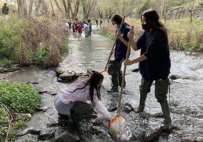 Estudiantes durante los trabajos de campo en el río Genil. 