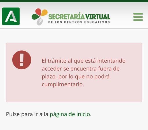 Captura de pantalla que refleja el fallo en la Secretaría Virtual.