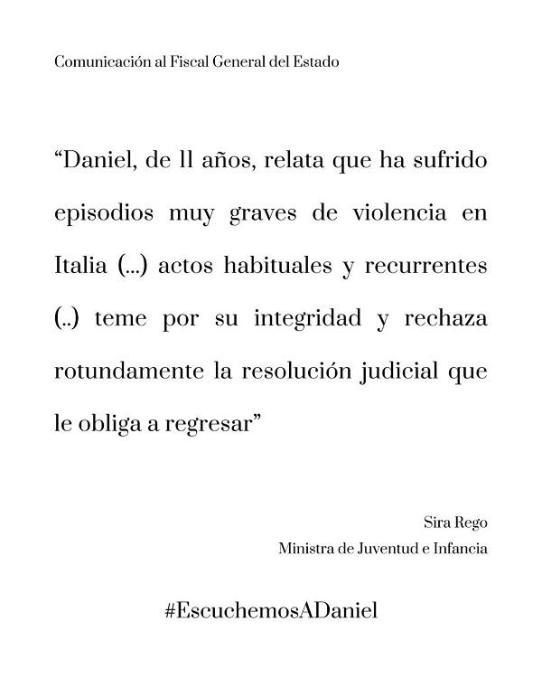 Comunicación de la ministra Sira Rego al Fiscal General del Estado.