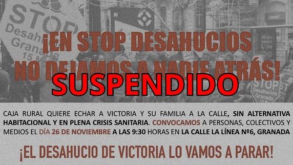 Cartel informando de la suspensión del desahucio.