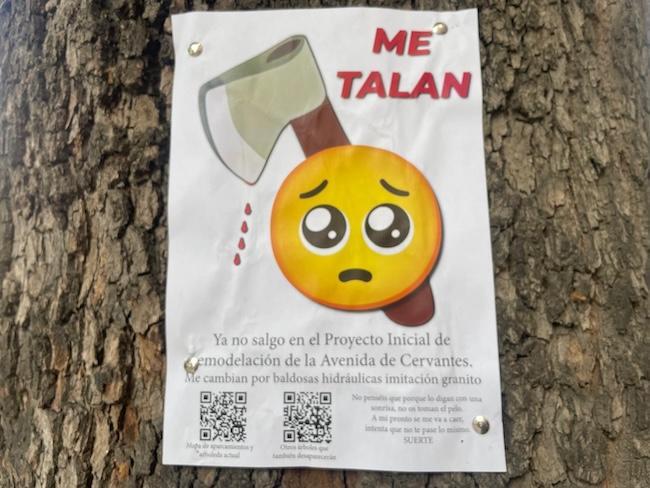 Cartel rechazando la tala en la Avenida de Cervantes. 