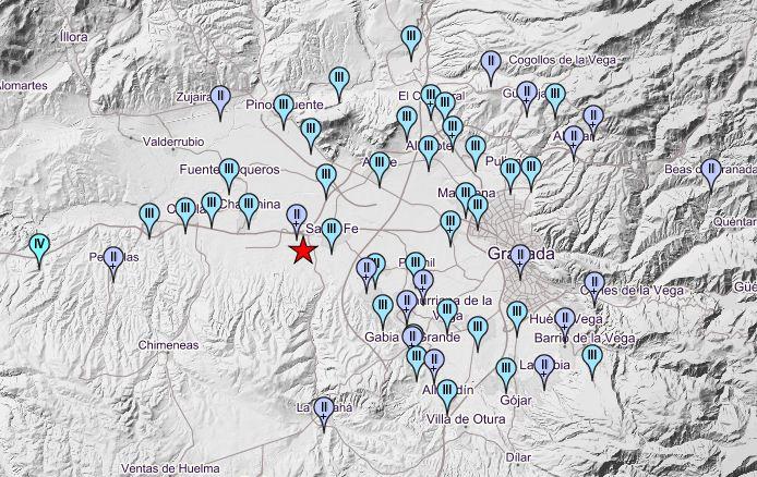 Mapa de intensidades del seísmo, medido a las 16.20 horas. 