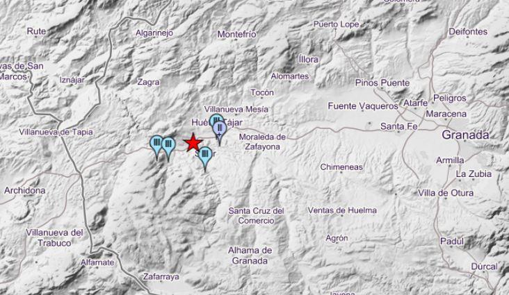 Mapa de intensidades del terremoto localizado en el término de Salar. 