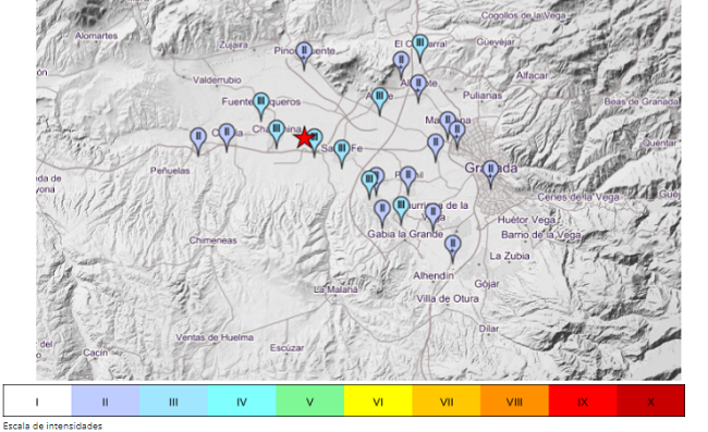 Mapa con los municipios en los que se ha sentido el terremoto.