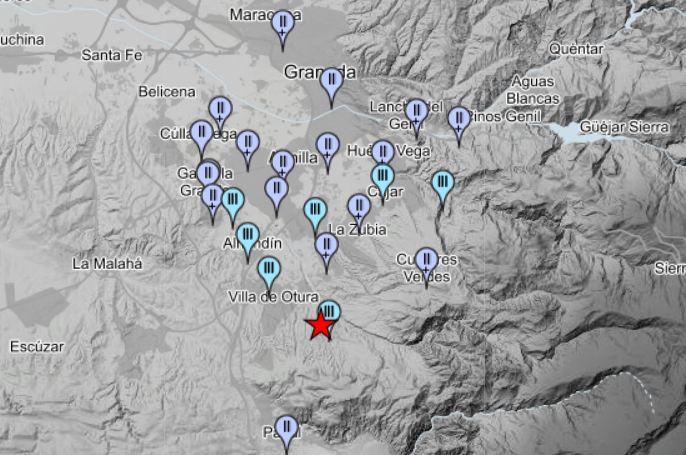 Mapa de intensidades del seísmo, con epicentro en Dílar. 