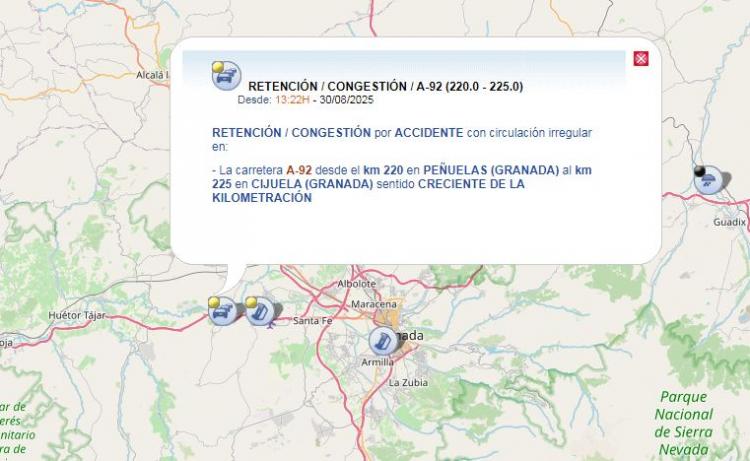 Incidencia en la A-92 recogida en la web de la DGT.