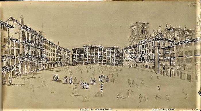 Bibarrambla en 1808. El viajero inglés William Gell dibujó este esbozo de la plaza de Bibarrambla. Por entonces casi todos los edificios tenían todavía los grandes palcos rectangulares originales del siglo XVI. También se ven muchos bajos porticados. El tercer edificio por la izquierda (actual hotel los Tilos) era la casa de los Miradores; a la derecha también se ven los miradores del Palacio Arzobispal y la Curia. (Pasa el cursor por encima de la imagen para leer todo la explicación sobre el dibujo)