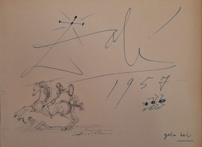 Dibujo que dejó Dalí en Granada con el boceto de su Santiago el Magno, ideado a mediados de 1957. 