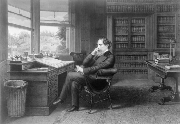 Charles Dickens en su estudio en Gads Hill Place, Inglaterra. Grabado de Samuel Hollyer, 1875.