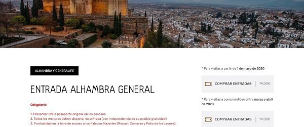 Captura de pantalla de la página web de la Alhambra. 