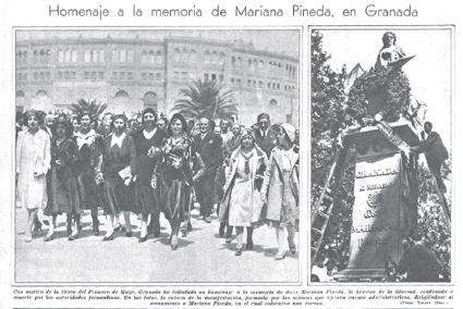 Manifestación del 1º de Mayo de 1931, con mujeres al frente y flores para el monumento a Mariana Pineda. Fuente: Revista Estampa, 9 mayo de 1931. Manifestación del 1º de Mayo de 1931, con mujeres al frente y flores para el monumento a Mariana Pineda. Fuente: Revista Estampa, 9 mayo de 1931.
