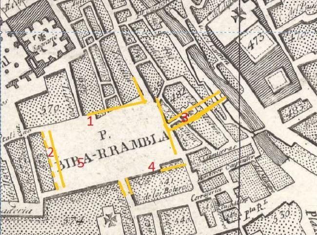 Rincón de los Vagos (1); Acera de los Valientes y Portalones (2); Hospital de San Sebastián (3); casa de los Miradores (4); y lugar donde estuvo la fuente del Leoncillo (5). En amarillo se esboza el realineamiento de Bibarrambla entre 1837 y 1885. Sobre el plano de Dalmáu de 1831.