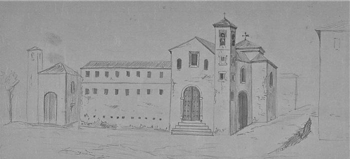 Dibujo de lo que debió ser convento -iglesia de la Merced a principios del siglo XIX, según recordaban los miembros de la Comisión Provincial de Monumentos (1902).  A la izda., San Ildefonso. 