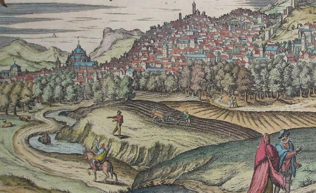 Granada hacia 1570, donde se ve una yunta arando al lado del Genil y un hombre sembrando. Media fanega de su grano iba a parar a Compostela. 