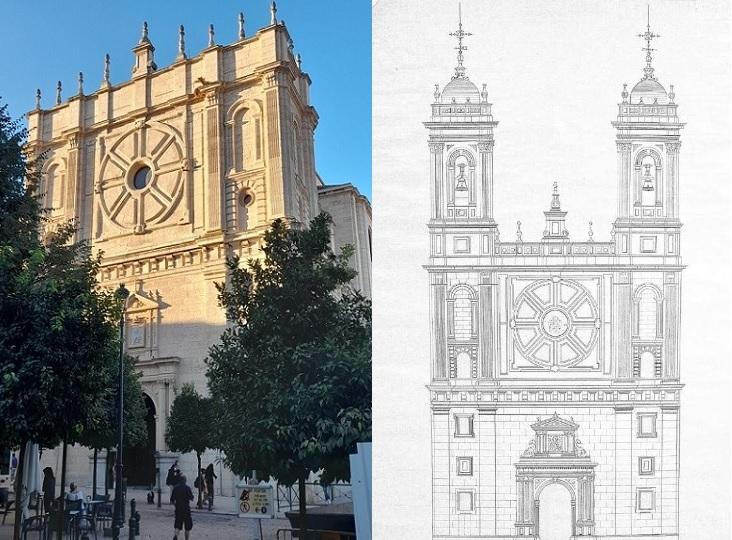 Fachada actual del antiguo Oratorio de San Felipe Neri, desprovista de las dos torres que lo coronaban hasta 1848. Al lado, dibujo de Wilhelmi de cómo eran las torres.