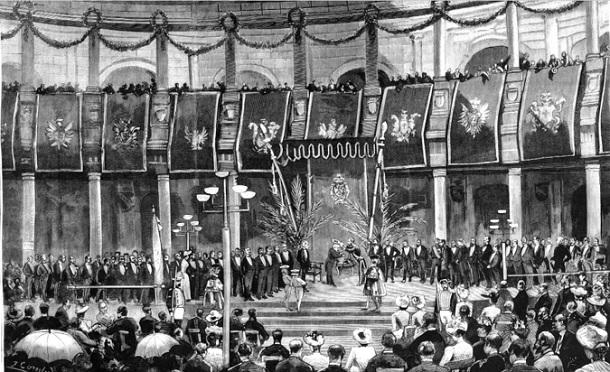 Escena, dibujada a partir de fotografía, de la coronación de Zorrilla como poeta nacional en el Carlos V, junio de 1889. 