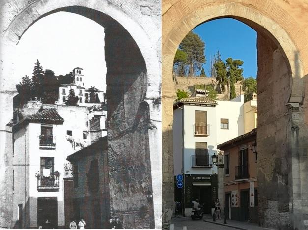 Vista de Las Maravillas en los años 60 a través del Arco de Elvira. A la derecha, en la actualidad, sólo sobreviven unos pinos originales. 