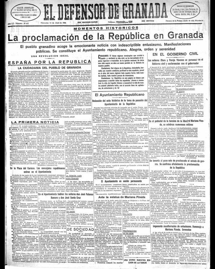 Portada de El Defensor de Granada, del 15 de abril de 1931.