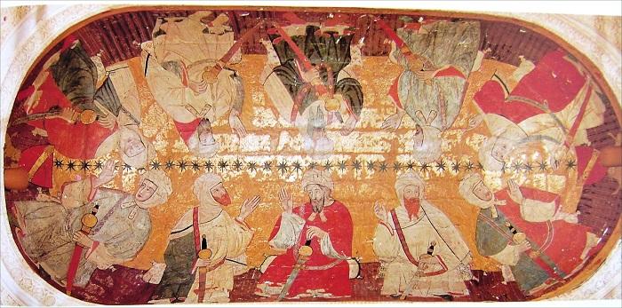 Sala de los Reyes. Pintura en el techo de la Sala de los Reyes de la Alhambra (lateral del Patio de los Leones), donde se ven representados los diez primeros reyes de la dinastía nazarita (También se apunta que en realidad eran personajes notables).