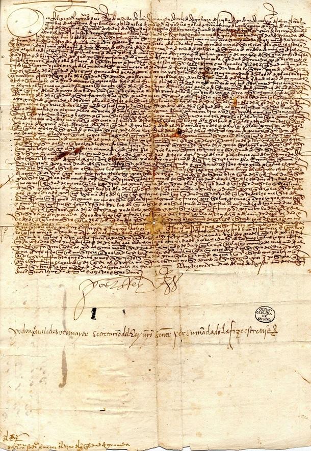 Sobrecarta de Fernando el Católico que contiene el texto del Privilegio del Vino de Granada, dado en Toro en 1505. Está firmada como “Yo, el Rey”. 