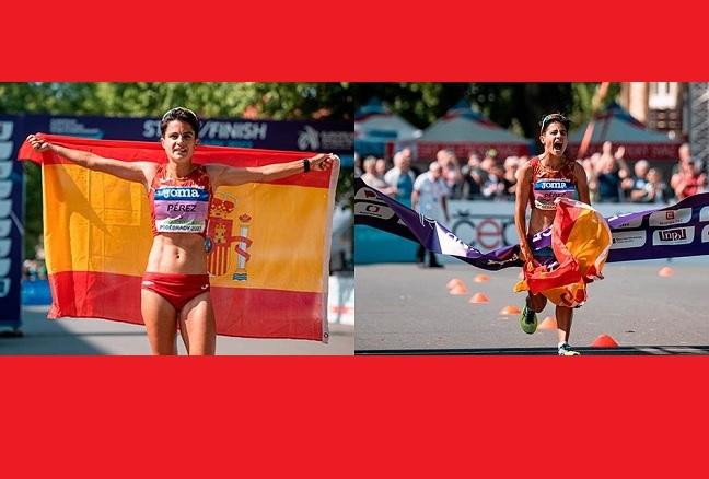 María Pérez, al entrar en la meta ycon la bandera española.