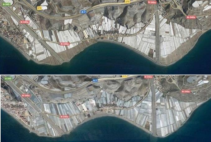 La imagen de arriba muestra el espacio de litoral liberado de invernaderos respecto a cómo estaba la zona en 2017 (imagen inferior).