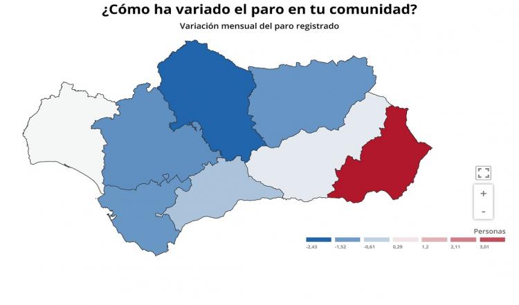 El mapa muestra cómo Córdoba ha sido la provincia con mayor descenso porcentual del paro, seguida de Sevilla, Cádiz y Jaén. Luego Málaga, Granada y Huelva, y por último Almería, en rojo, la única con aumento del paro en mayo.